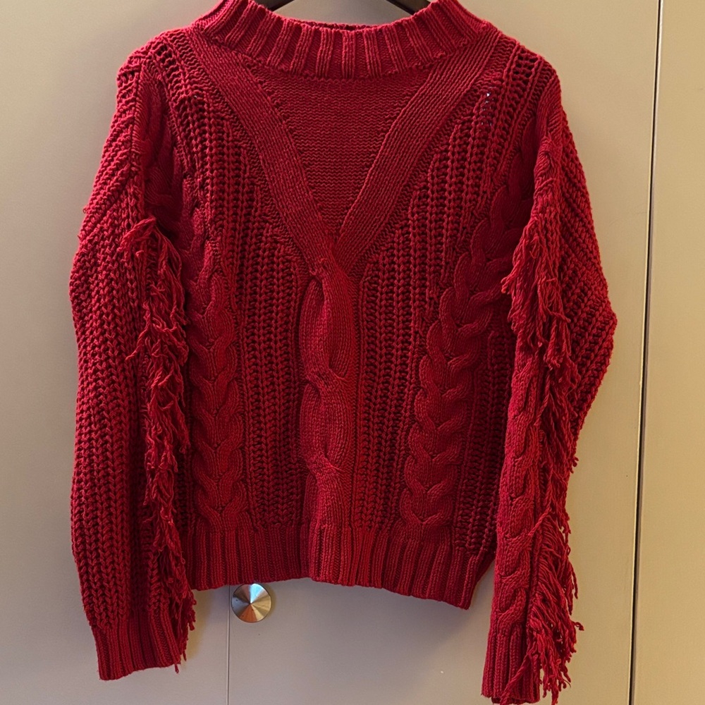 Medicine Red Cable Knit Fringe Sleeve Sweater Small Boho Hippie